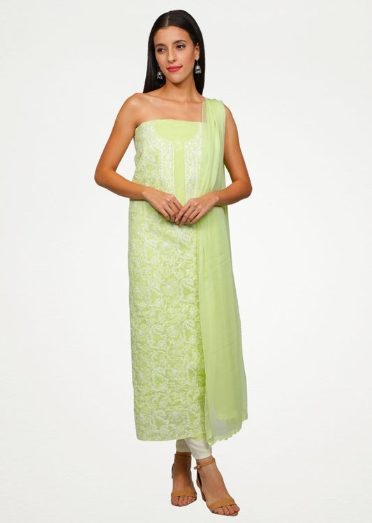 Firgun Lime Green Lucknowi Chikankari Cotton Unstitched Suit Set