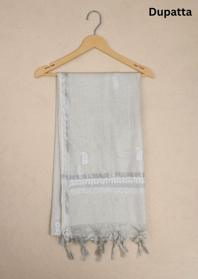 Firgun Silver Lucknowi Chikankari Chanderi Tissue Unstitched Kurta & Dupatta Set