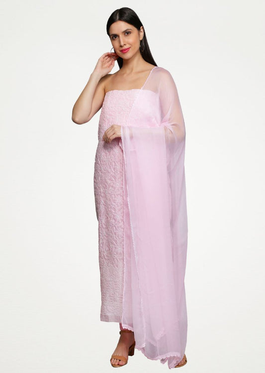 Firgun Blush Pink Lucknowi Chikankari Cotton Unstitched Suit Set
