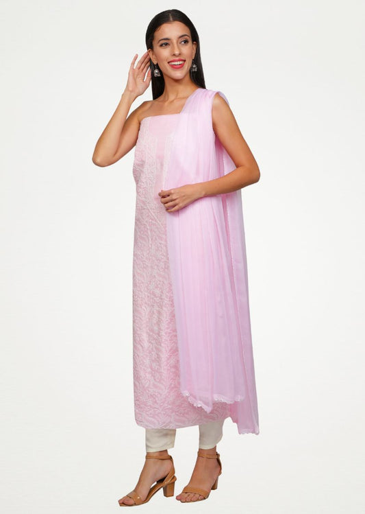 Firgun Baby Pink Lucknowi Chikankari Cotton Unstitched Suit Set