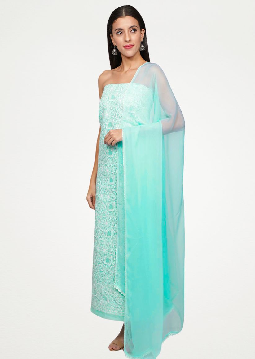Firgun Sea Green Lucknowi Chikankari Cotton Unstitched Suit Set
