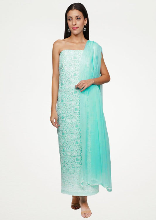 Firgun Sea Green Lucknowi Chikankari Cotton Unstitched Suit Set