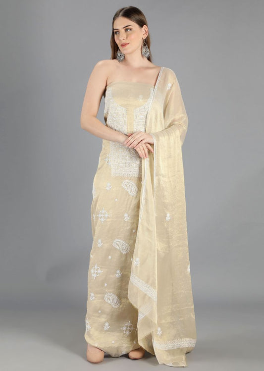 Firgun Gold Lucknowi Chikankari Tissue Georgette Unstitched Kurta & Dupatta Set