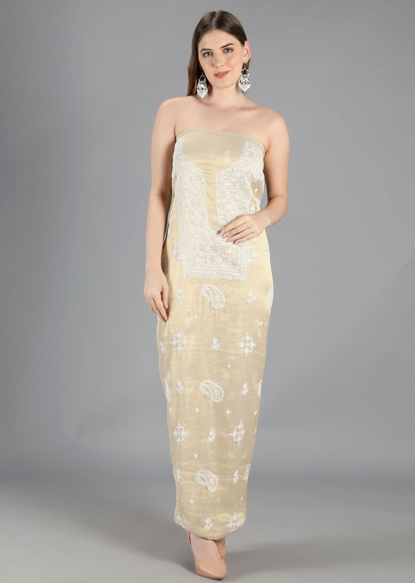 Firgun Gold Lucknowi Chikankari Tissue Georgette Unstitched Kurta & Dupatta Set