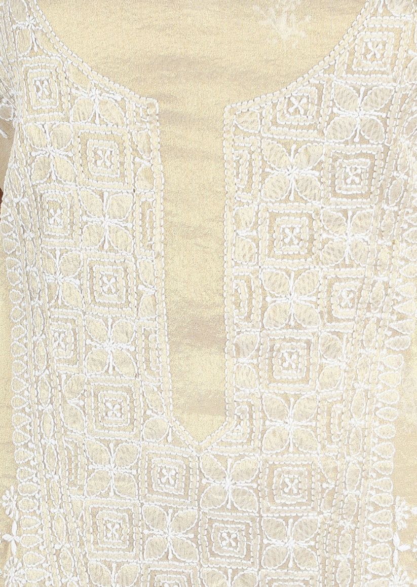 Firgun Gold Lucknowi Chikankari Tissue Georgette Unstitched Kurta & Dupatta Set