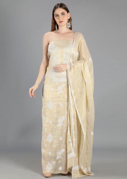 Firgun Gold Lucknowi Chikankari Tissue Georgette Unstitched Kurta & Dupatta Set