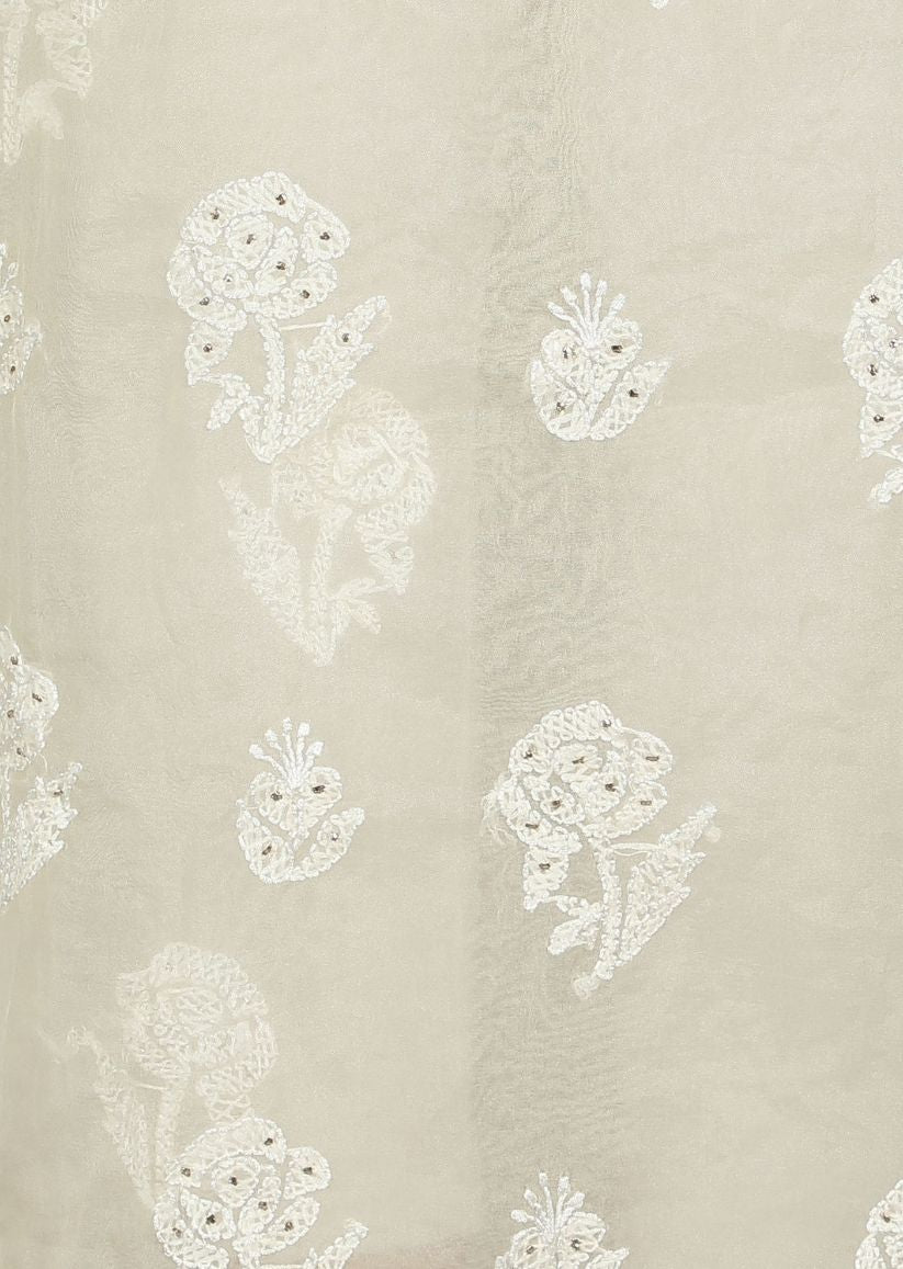 Firgun Beige Lucknowi Chikankari and Mukaish Work Organza Unstitched Kurta & Dupatta Set