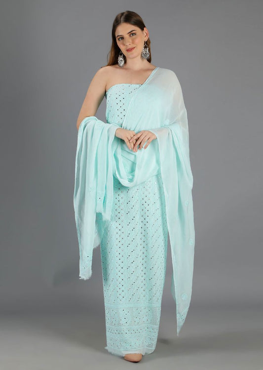 Firgun Sky Blue Lucknowi Chikankari Viscose Georgette Unstitched Kurta & Dupatta Set