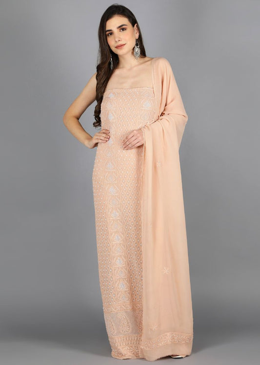 Firgun Beige Lucknowi Chikankari Viscose Georgette Unstitched Kurta & Dupatta Set