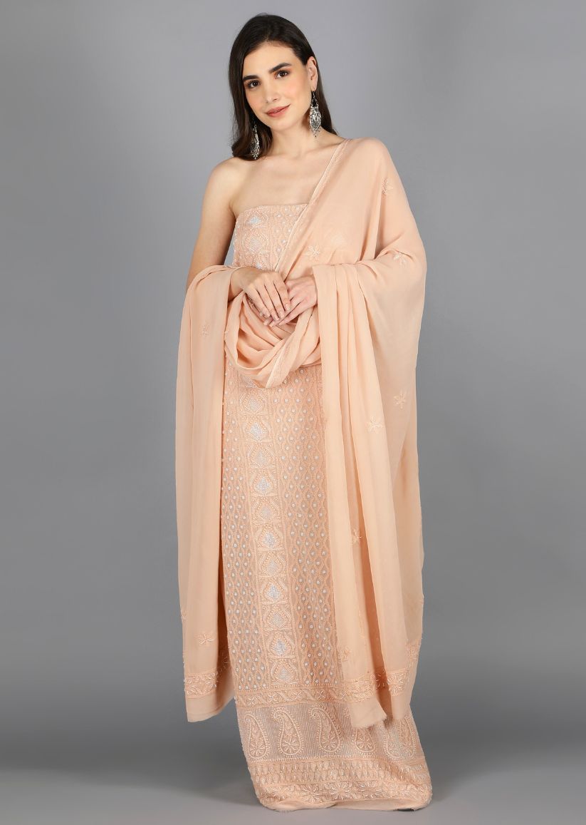 Firgun Beige Lucknowi Chikankari Viscose Georgette Unstitched Kurta & Dupatta Set