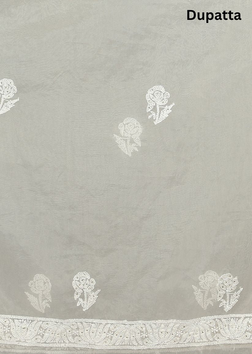 Firgun Beige Lucknowi Chikankari and Mukaish Work Organza Unstitched Kurta & Dupatta Set