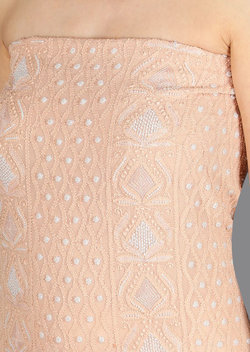 Firgun Beige Lucknowi Chikankari Viscose Georgette Unstitched Kurta & Dupatta Set