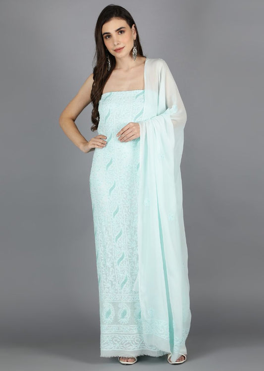 Firgun Light Sea Green Lucknowi Chikankari Viscose Georgette Unstitched Kurta & Dupatta Set