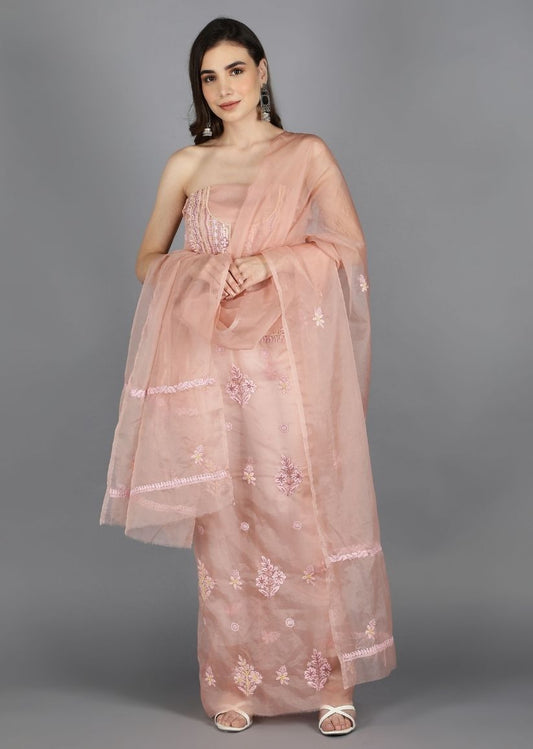 Firgun Rose gold Lucknowi Chikankari Organza Unstitched Kurta & Dupatta Set