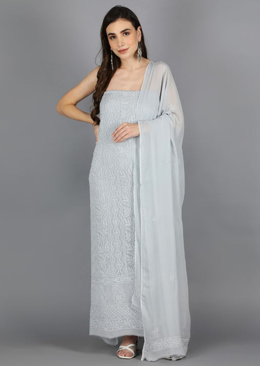 Firgun Grey Lucknowi Chikankari Viscose Georgette Unstitched Kurta & Dupatta Set