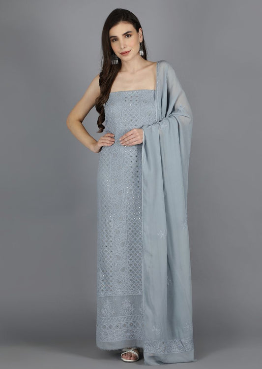 Firgun Grey Lucknowi Chikankari Viscose Georgette Unstitched Kurta & Dupatta Set-1