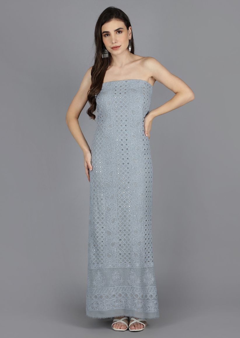 Firgun Grey Lucknowi Chikankari Viscose Georgette Unstitched Kurta & Dupatta Set-1