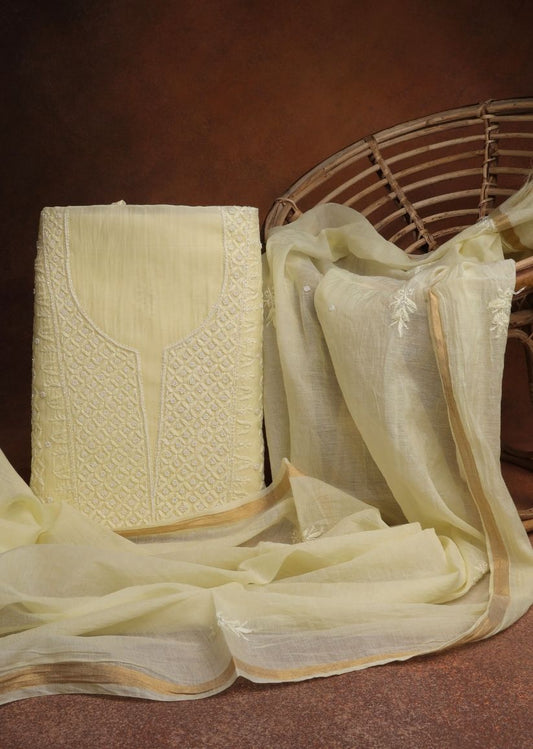 Firgun Lemon Lucknowi Chikankari & Pearl Work Mul Chanderi Unstitched Kurta & Dupatta Set