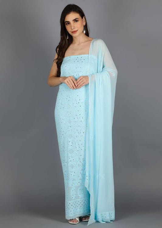 Firgun Sky Blue Lucknowi Chikankari Viscose Georgette Unstitched Kurta & Dupatta Set