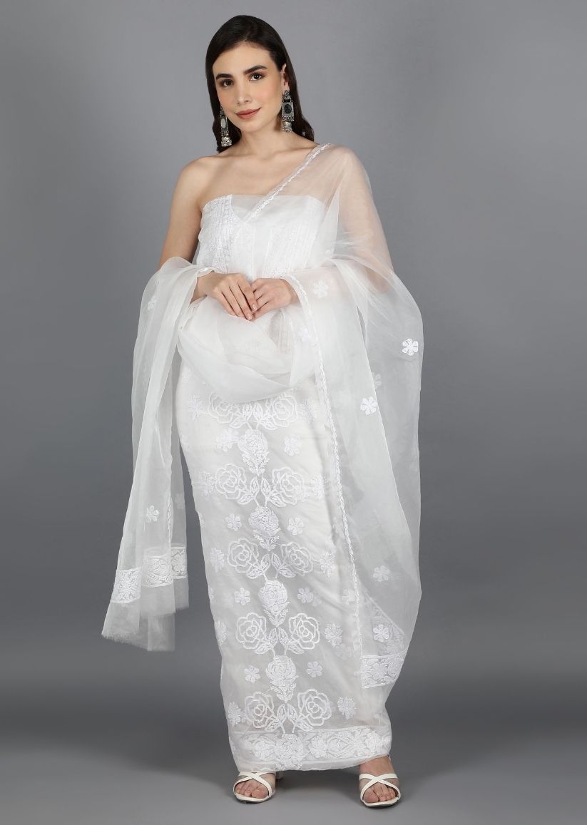 Firgun White Lucknowi Chikankari Organza Unstitched Kurta & Dupatta Set