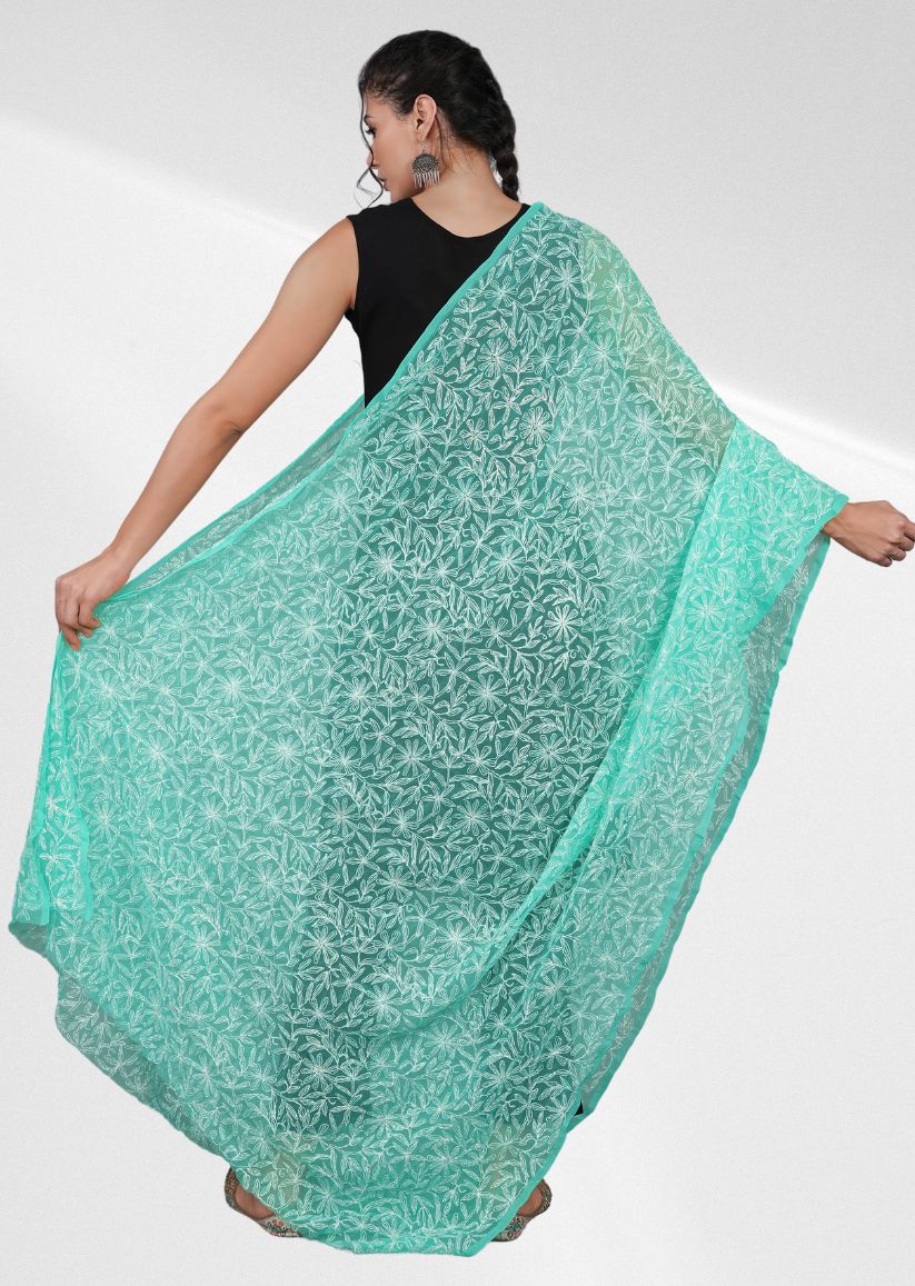 Firgun Mint Green Tepchi Lucknowi Chikankari Georgette Dupatta