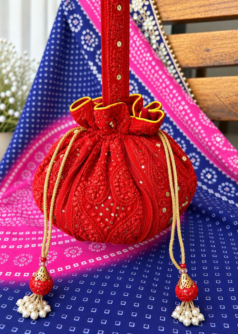 Firgun Red Lucknowi Chikankari Viscose Georgette Potli Bag with Mukaish Work