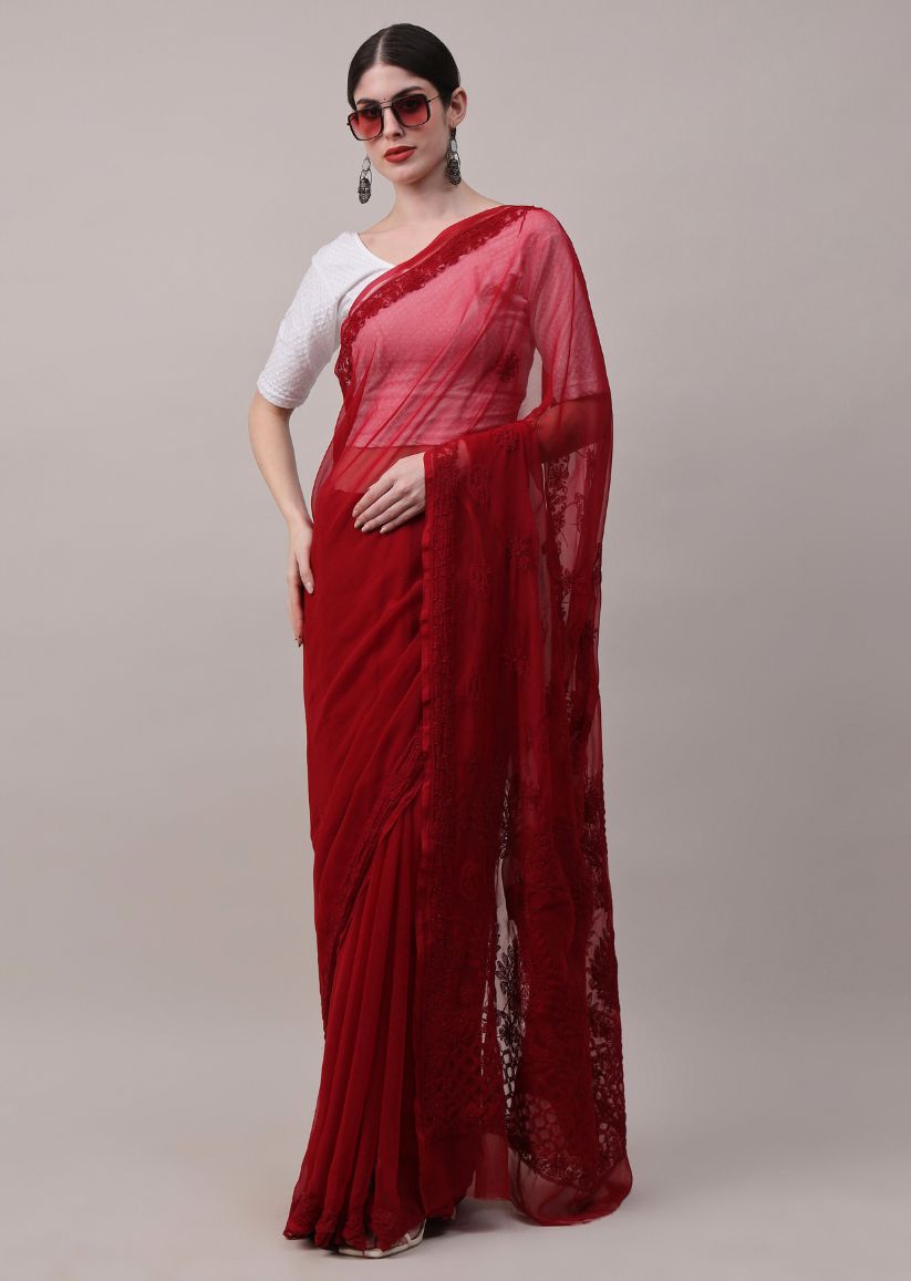 Firgun Lucknowi Chikankari Georgette Saree with Blouse Piece