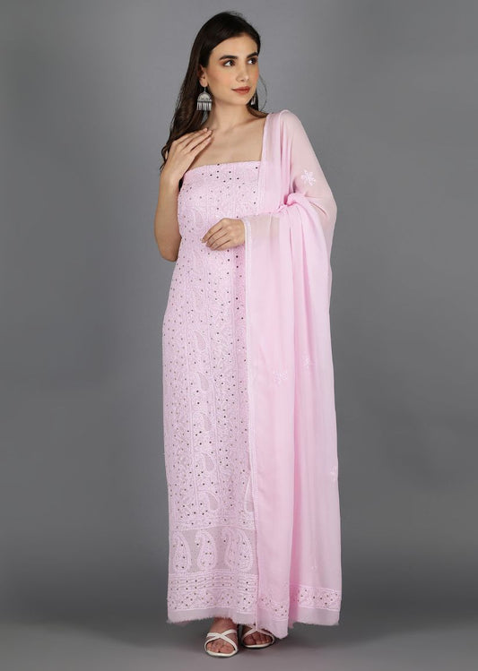 Firgun Blush Pink Lucknowi Chikankari Viscose Georgette Unstitched Kurta & Dupatta Set