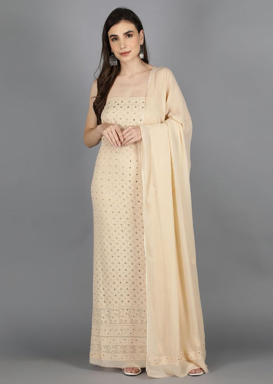 Firgun Beige Lucknowi Chikankari Viscose Georgette Unstitched Kurta & Dupatta Set-1