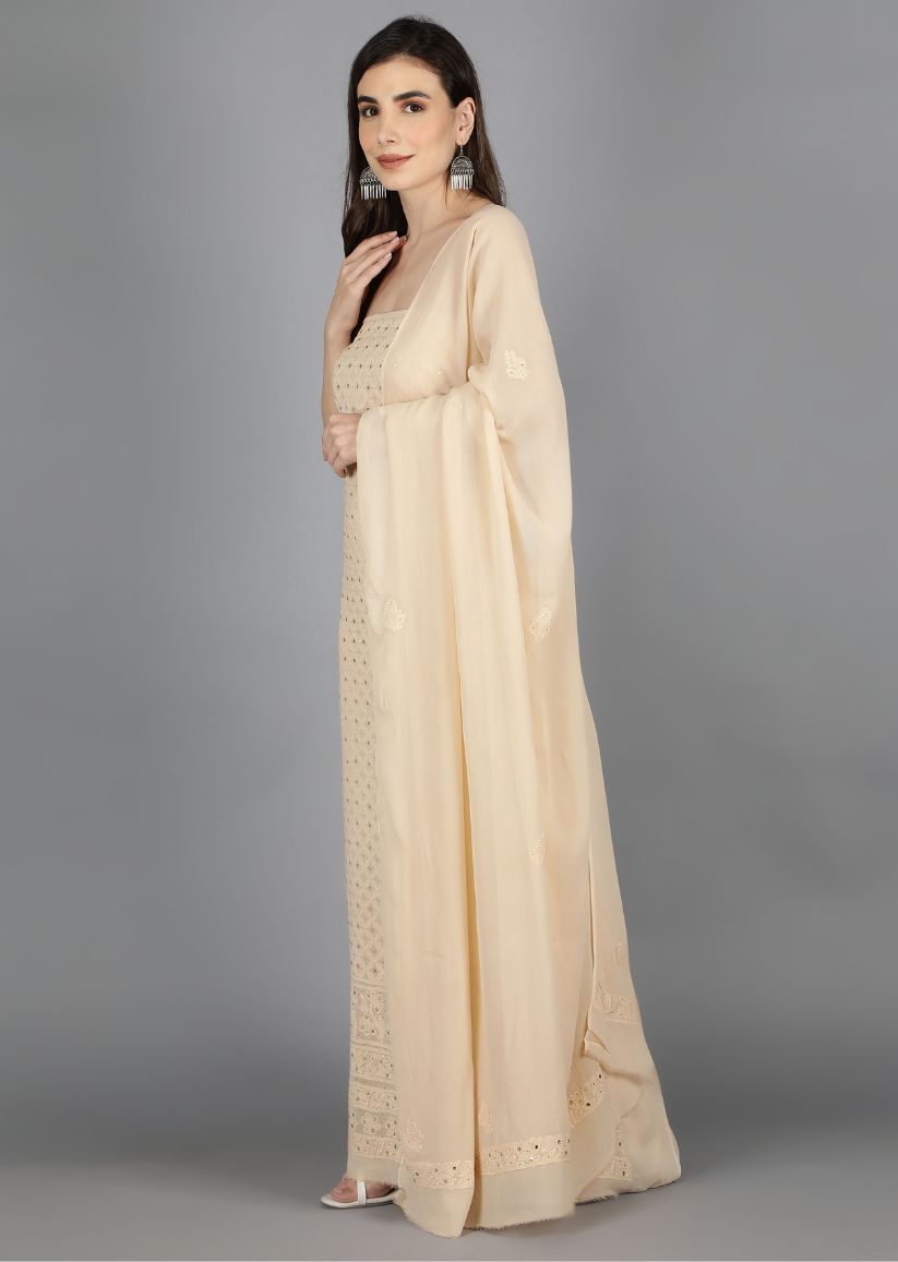 Firgun Beige Lucknowi Chikankari Viscose Georgette Unstitched Kurta & Dupatta Set-1