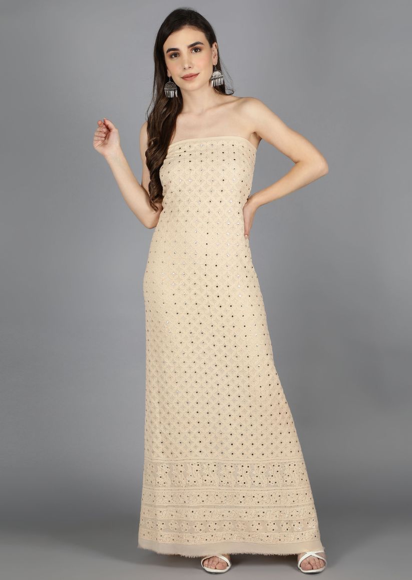 Firgun Beige Lucknowi Chikankari Viscose Georgette Unstitched Kurta & Dupatta Set-1