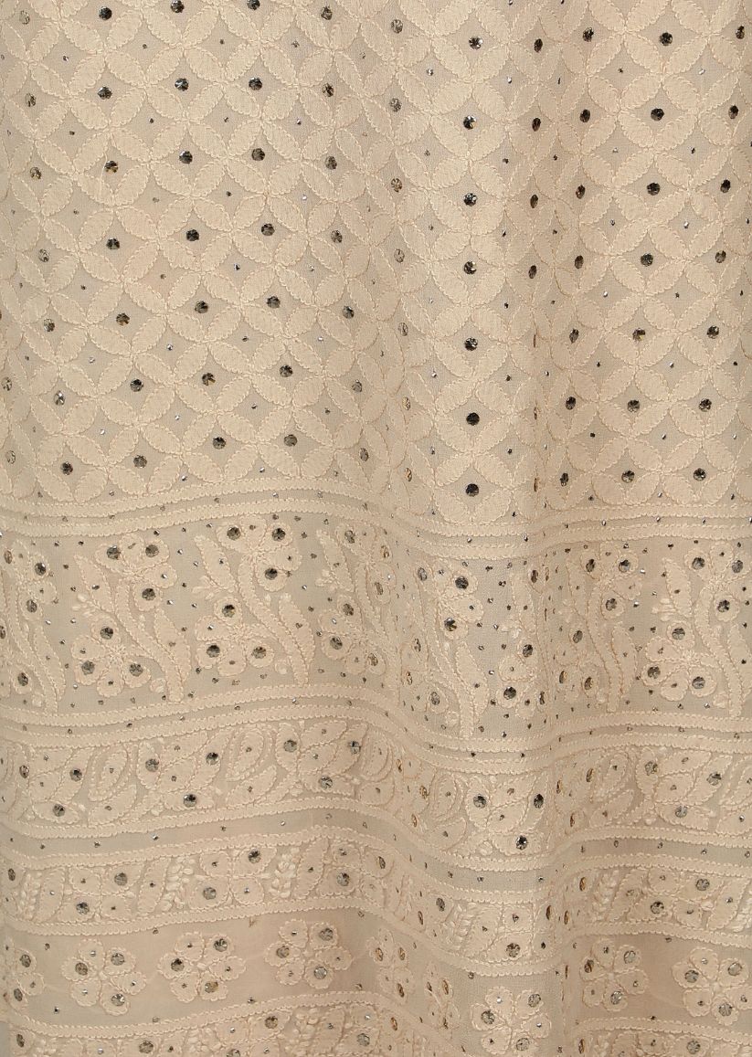 Firgun Beige Lucknowi Chikankari Viscose Georgette Unstitched Kurta & Dupatta Set-1