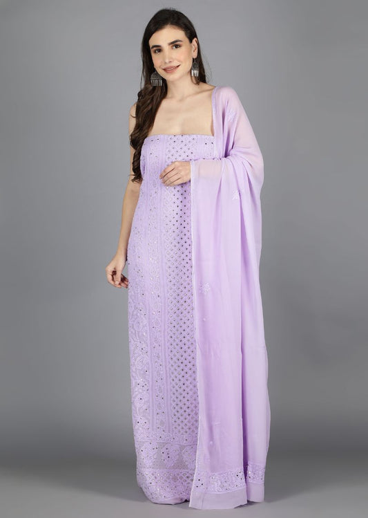 Firgun Mauve Lucknowi Chikankari Viscose Georgette Unstitched Kurta & Dupatta Set
