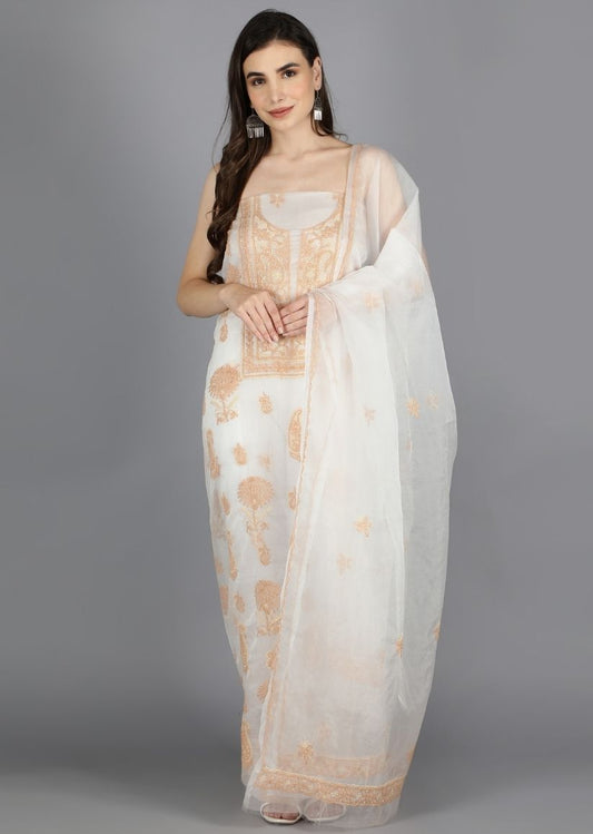 Firgun White & Beige Lucknowi Chikankari Organza Unstitched Kurta & Dupatta Set