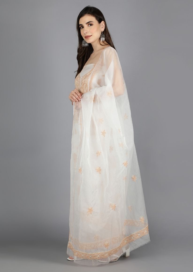 Firgun White & Beige Lucknowi Chikankari Organza Unstitched Kurta & Dupatta Set