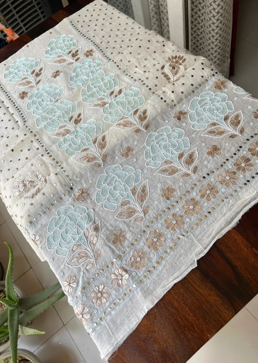 Firgun White Mul Chanderi Unstitched Kurta & Dupatta Set