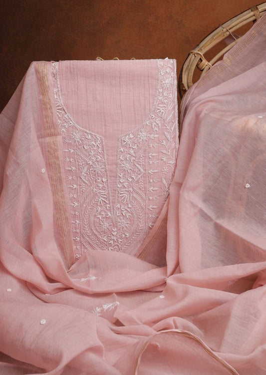 Firgun Pink Lucknowi Chikankari Mul Chanderi Panel Work Unstitched Kurta & Dupatta Set