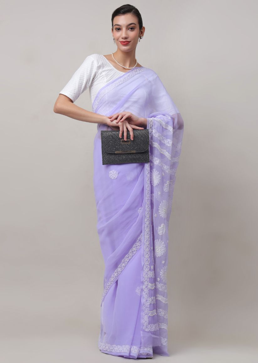 Firgun Lucknowi Chikankari Georgette Saree with Blouse Piece