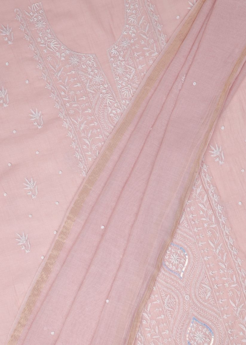 Firgun Pink Lucknowi Chikankari Mul Chanderi Panel Work Unstitched Kurta & Dupatta Set