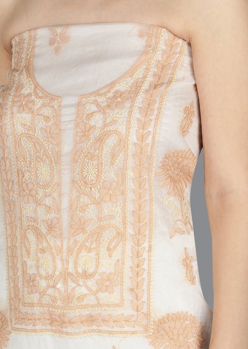 Firgun White & Beige Lucknowi Chikankari Organza Unstitched Kurta & Dupatta Set