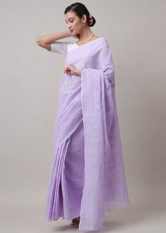 Firgun Lavender Lucknowi Chikankari Kota Doria Tepchi Work Saree with Blouse Piece