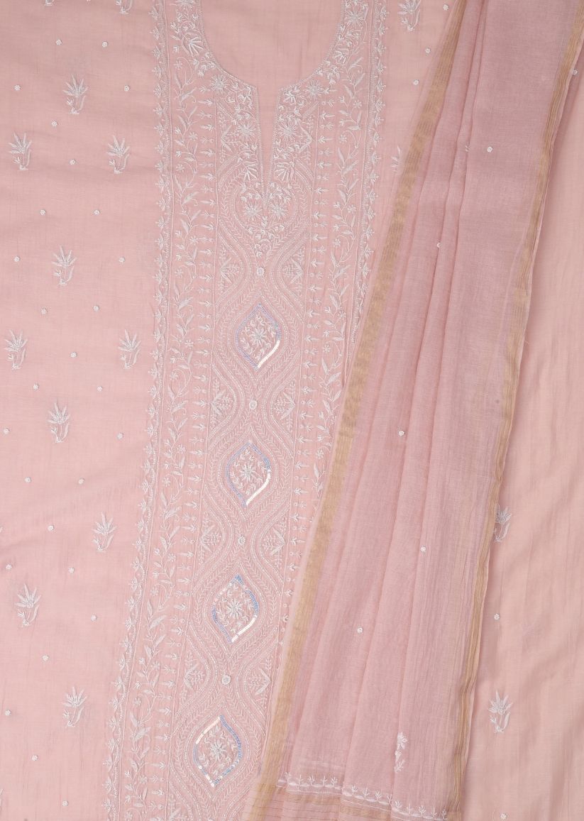 Firgun Pink Lucknowi Chikankari Mul Chanderi Panel Work Unstitched Kurta & Dupatta Set