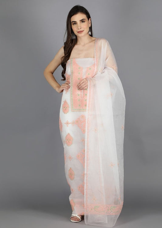 Firgun White & Orange Lucknowi Chikankari Organza Unstitched Kurta & Dupatta Set