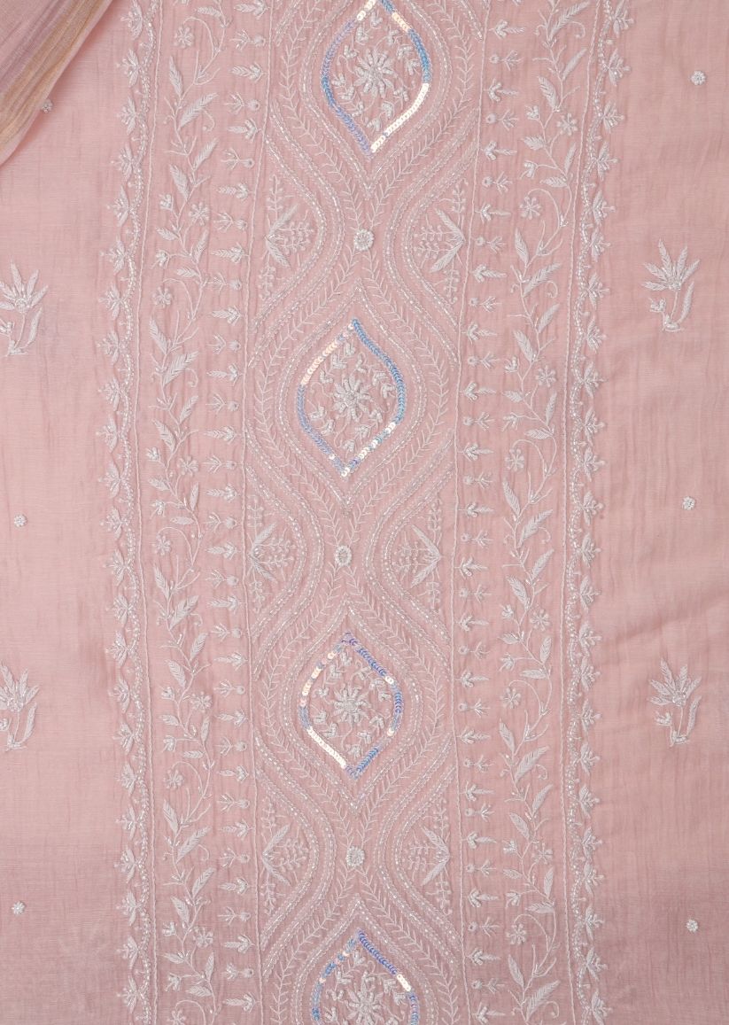 Firgun Pink Lucknowi Chikankari Mul Chanderi Panel Work Unstitched Kurta & Dupatta Set