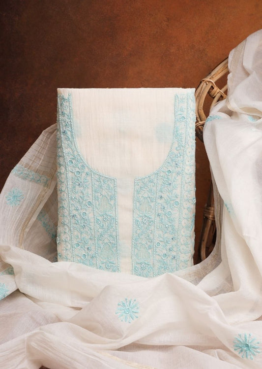 Firgun White & Turquoise Lucknowi Chikankari Mul Chanderi Unstitched Kurta & Dupatta Set