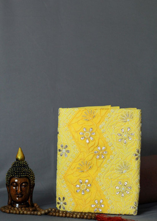 Firgun Yellow Lucknowi Chikankari & Gotapatti Cotton Unstitched Kurta