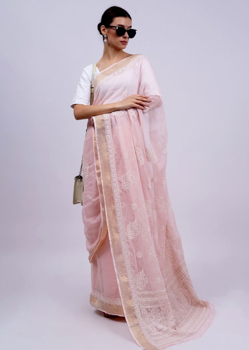 Firgun Peach Lucknowi Chikankari Kota Doria Saree with Unstitched Blouse Piece