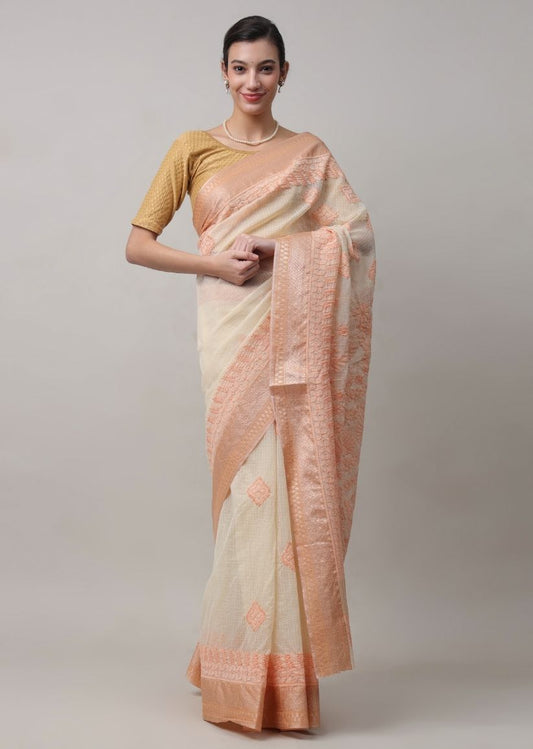 Firgun Beige Lucknowi Chikankari Cotton Saree with Unstitched Blouse Piece
