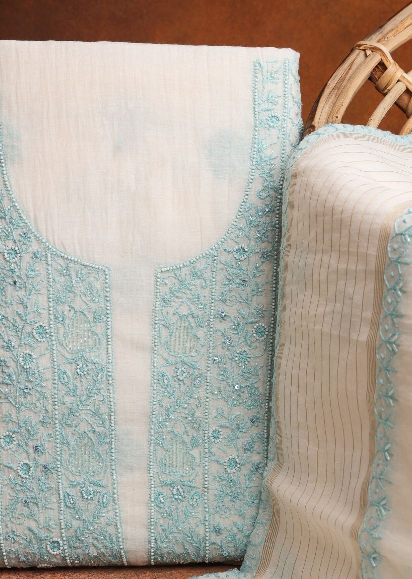 Firgun White & Turquoise Lucknowi Chikankari Mul Chanderi Unstitched Kurta & Dupatta Set