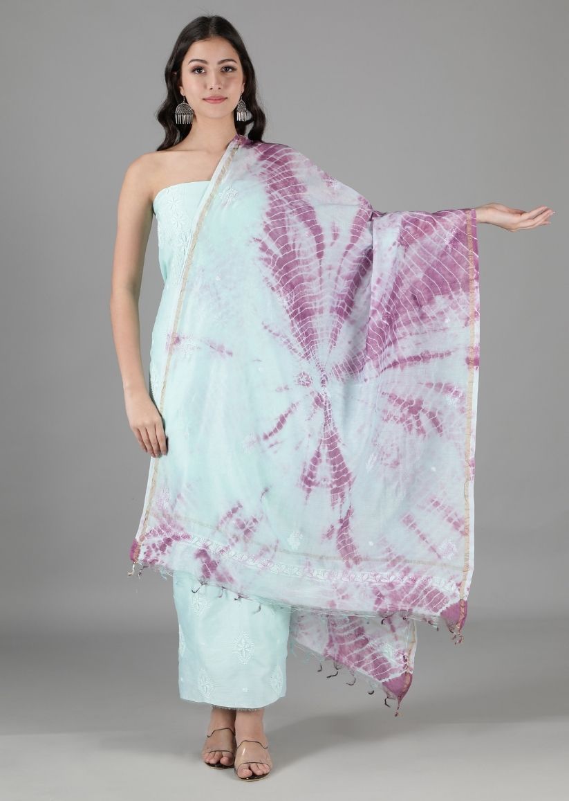 Firgun Mint Green Lucknowi Chikankari Chanderi Unstitched Kurta & Dupatta Set